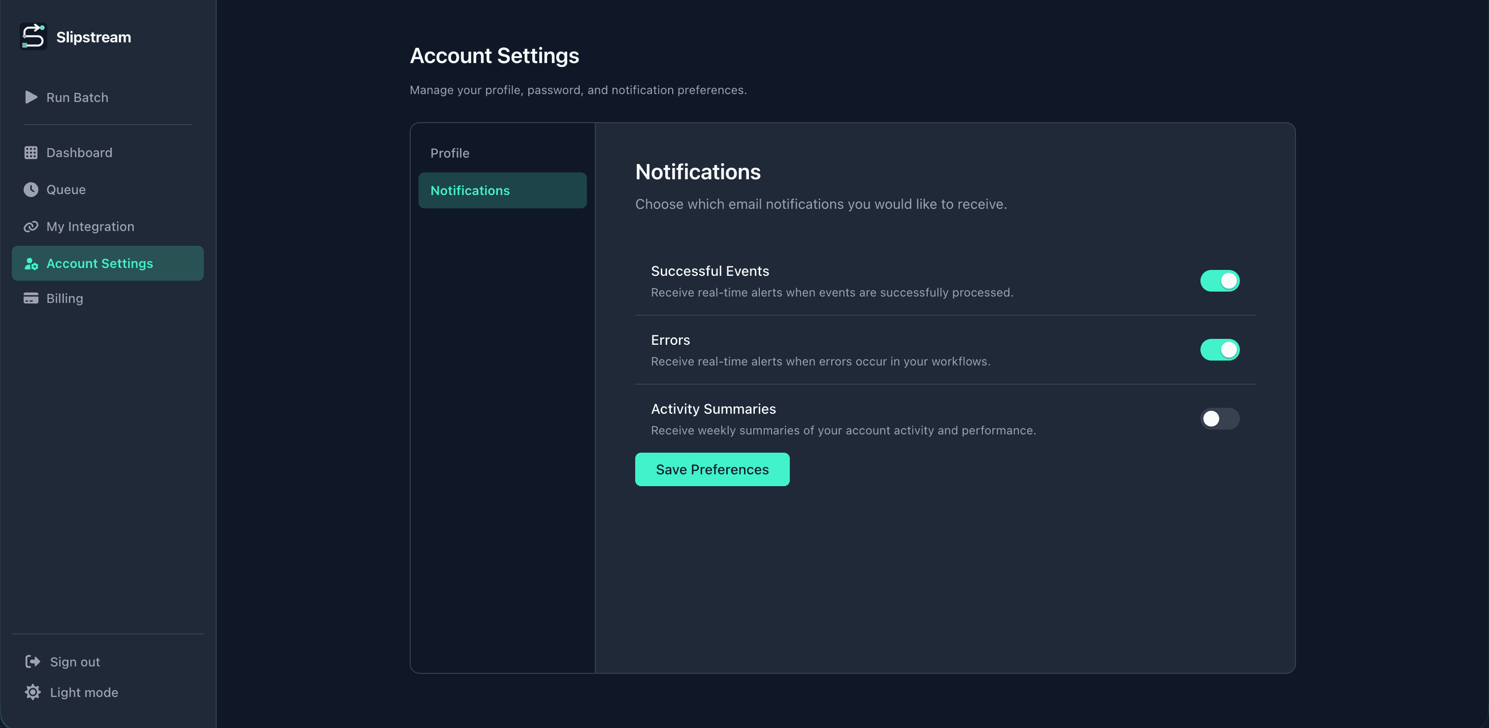 Slipstream notification settings with toggles for successful events, errors, and activity summaries